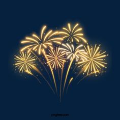 fireworks are lit up in the night sky with bright yellow and red lights on them