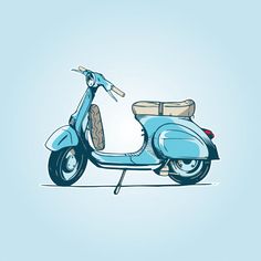 a blue scooter with a basket on the back parked in front of a light blue background