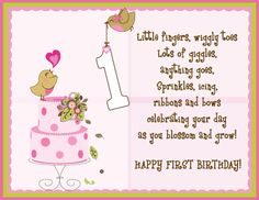 a pink birthday card with two birds on top of a cake and the words happy first birthday