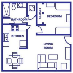 two bedroom apartment floor plan with living room and dining room in the background, blue outline on white