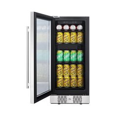 an open refrigerator filled with cans of beer and soft drinks on the inside, isolated against a white background