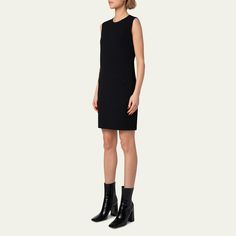 Akris crepe wool mini dress features side zipper pockets   Round neckline Sleeveless Hem falls above the knee A-line silhouette  Back zip closure  Wool/polyester Dry clean Made in Switzerland Wool Crepe, Above The Knee, Side Zipper, Round Neckline, The Knee, Switzerland, Tops Designs, A Line, Dry Clean