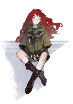 a woman with red hair and boots sitting on the ground in front of a white wall