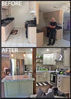 before and after photos of a kitchen remodel