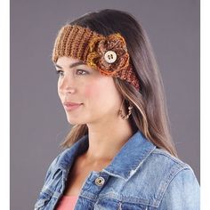 a woman wearing a knitted headband with two buttons on the front and side