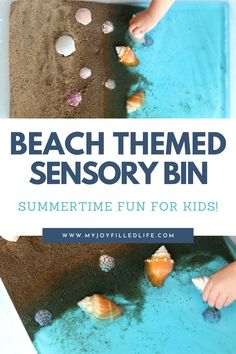 a beach themed bin filled with sand and seashells for kids to play in