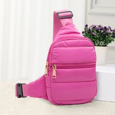 Puffer Bag Sling Crossbody Purse Zipper Back Pack Small 6x10 Backpack 10289 Fuchsia Bag Size : 6" X 2" X 10" Strap : Adjustable One Inside Slip Pocket Zipper Closure Pouch Chest Bag With Zipper Closure For School, Backpack Chest Bag With Zipper For School, School Backpack Chest Bag With Zipper Closure, Chest Backpack With Zipper Closure For School, Pink Crossbody Chest Bag With Zipper, Pink Crossbody Chest Bag With Zipper Closure, Pink Zipper Closure Crossbody Chest Bag, Pink Chest Bag With Zipper For Everyday Use, Pink Chest Bag With Zipper Closure For Everyday Use