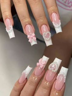 Coquette aesthetic, pink bow, barbie, soft girl aesthetic, pearl nails Paznokcie Hello Kitty, Really Cute Nails, Soft Nails, White Nail, Funky Nails