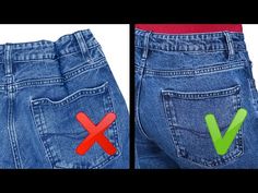 two pictures of the same pair of jeans with red and green patches on their butts