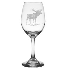 a wine glass with an image of a moose on it