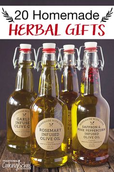 four bottles of rosemary oil with the title overlay reads 20 homemade herb gift's