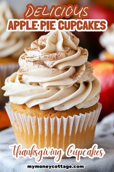 delicious apple pie cupcakes with white frosting on top