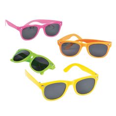 three pairs of sunglasses with different colors and shapes on them, one is yellow, the other is pink