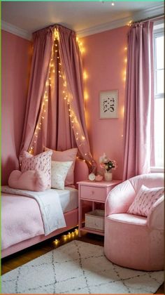 a bedroom with pink walls and lights on the ceiling