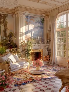 a living room filled with lots of furniture and flowers