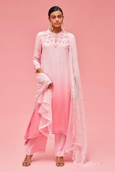 Shop for Nachiket Barve Pink Georgette Floral Embroidered Anarkali Set for Women Online at Aza Fashions Organza Kurta, Red Kurta, Pink Kurta, Embroidered Anarkali, Ombre Pink, Scallop Edge, Sharara Set, Embroidered Neckline, Cotton Suits