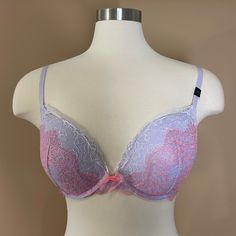 Lavender And Pink Lace Dream Angels Bra. New With Tags! Lavender Push-up Bra, Fitted Purple Bra With Lace Trim, Feminine Purple Bra, Victoria's Secret Purple Bra For Spring, Victoria's Secret Lavender Underwire Bra, Victoria's Secret Feminine Purple Bra, Victoria's Secret Purple Underwire Bra, Feminine Fitted Lavender Bra, Lavender Feminine Bra