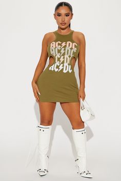 Available In Sage. Crew Neck Sleeveless ACDC Graphic Front Screen Stretch Disclaimer: Due To The Printing Process A Difference In Saturation May Occur. Each Garment Is Unique. 60% Cotton 40% Polyester Imported | ACDC On Repeat Cut Out Mini Dress in Sage size Large by Fashion Nova Green Tank Top For Club In Spring, Spring Green Tank Top For Club, Halter Neck Tank Top For Spring Clubbing, Spring Halter Neck Tank Top For Club, Fitted Tank Top For Club And Spring Season, Fitted Tank Top For Club Nights In Spring, Fitted Tank Top For Club In Spring, Fitted Tank Top For Spring Clubbing, Trendy Mini Length Tank Top For Club