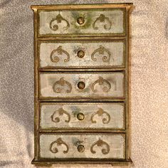 three drawers with ornate designs on them against a leopard print wallpapered background in an antique style