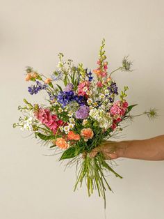 a person holding a bouquet of colorful flowers in their left hand and the other hand