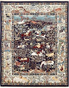 an intricately decorated rug with horses and other animals on the ground, surrounded by trees