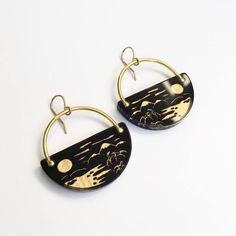 Woll Jewelry made in San Francisco, California. Etched and hand-painted tropical landscape earrings. Joshua Tree Landscape, Landscape Earrings, Renegade Craft Fair, Tropical Landscape, Tree Landscape, Brass Hoops, Raincoats For Women, Acrylic Jewellery, Tropical Landscaping