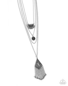 A mismatched quartet of silver chains, including classic, abstract, cable, and dainty cable chains layers down the chest. Featuring studded motifs, a half-circle silver pendant, complete with swaying silver studs adorns the uppermost chain while a spiral-studded silver pendant graces the second uppermost chain. The third chain features subtle texture while an oversized kite-shaped pendant, embellished with curly whimsical filigree swings from the lowermost chain. A curtain of classic silver chai Orange Necklace, Yellow Necklace, Silver Chains, Brass Necklace, Half Circle, Paparazzi Jewelry, Silver Filigree, Circle Pendant, Necklace Earring Set