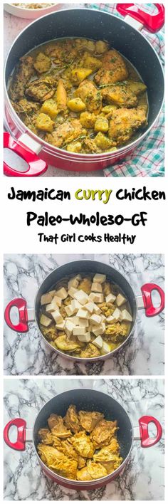 two pictures showing how to make jamaican curry chicken in a pan with potatoes and onions