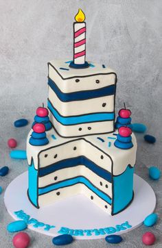 two tiered cake sitting on top of a white plate with blue and pink frosting