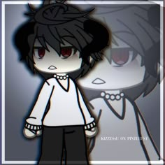 an anime character with black hair and red eyes standing next to another character in white shirt