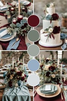 a collage of different wedding colors with flowers and greenery on the top, below