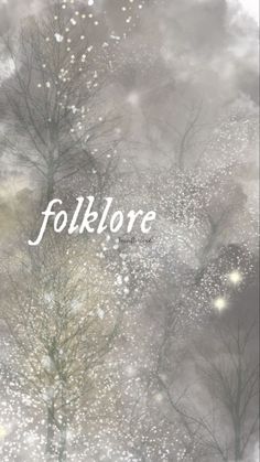 the words folklore are written in white on a gray background with trees and snow flakes