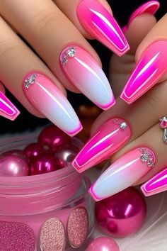 Pink & White Nails - Finds & Faves Color Chrome Nails, Fun Chrome Nails, Makeup Poster, Neon Pink Nails, Vday Nails, Wildflower Field, White Chrome, Dope Nail Designs, Bright Nails