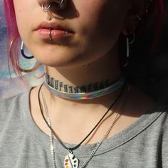 Holographic choker / vegan pu leather / laser necklace / holo | Etsy Laser Necklace, Goth Rave Outfits, Piercing Party, Holographic Choker, Hipster Jewelry, Goth Rave, Rainbow Choker, Lip Piercings, Cool Piercings