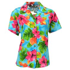 hoopla blue hawaiian lady blouse Aqua Background, Tropical Fabric, Vibrant Style, Rayon Shirt, Blue Hawaiian, Hawaiian Dress, Women Blouse, Hawaiian Print