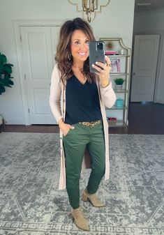 Thick Body Outfits Work, Grey With Green Outfit, Cute Work Outfits For Women, October Teacher Outfits, Late 30s Fashion Outfits Women Fall, 50 Outfits Ideas Over 50 Fashion Over 50, Rainy Day Work Outfit Casual, Army Green Tshirt Outfit, Cute Legging Outfits Fall