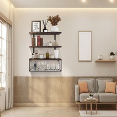 a living room filled with furniture next to a wall mounted book shelf on the side of a wall