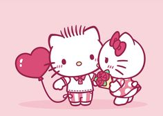 hello kitty wallpaper with two cats holding a heart shaped balloon and a pink background