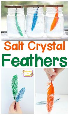 salt crystal feathers in mason jars with text overlay that reads salt crystal featherers