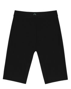 a black shorts with green logo on the front and side pockets, sitting against a white background