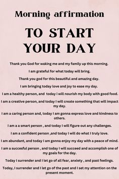 This list of positive morning will have a good impact on your day and great opportunities might come on your day If repeated daily! #affirmation #foryou #morningaffirmation #self-improvement #positiveaffirmation Positive Morning Affirmations Motivation, Daily Affirmations List, Manifest A Good Day, Affirmation For Positive Mindset, Positive Morning Affirmation Quotes, Daily Affirmations For Your Boyfriend, Manifesting A Good Day, Daily Affirmations Morning, Morning Daily Affirmations