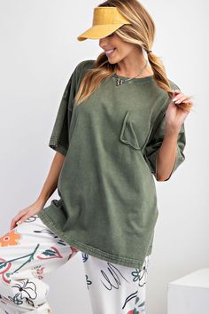 Introducing the Take Me Home Loose Fit Boyfriend Tee. Made from mineral washed cotton jersey for a soft feel, this boxy tunic boasts a ribbed and round neckline, dropped shoulder sleeves, and fake bust pocket detailing. Perfect for a relaxed and effortless look. Model height is 5'10. Casual Green T-shirt With Side Pockets, Spring Green Washed T-shirt, Relaxed Fit Washed Green Top, Acid Wash Tops With Pockets For Summer, Acid Wash Summer Tops With Pockets, Acid Wash Tops With Pockets For Fall, Green Washed Crew Neck Top, Summer Acid Wash Tops With Pockets, Oversized Soft-washed Faded Tops