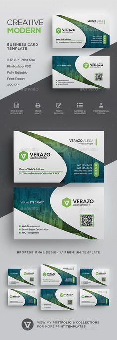 a set of three different business cards with green and white designs on them, all in one