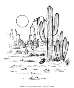 the desert with cactus trees and mountains in the background, black and white ink drawing