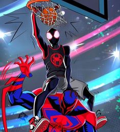 a spider man dunking the basketball in front of a hoop with his hands up