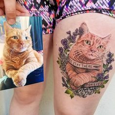 a woman's thigh with a cat tattoo on it and an image of her leg