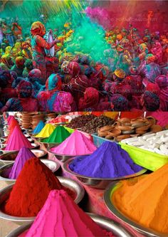 colorful powders are in bowls on the table