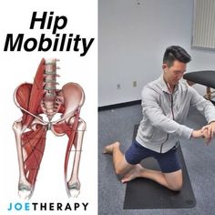 a man sitting on top of a yoga mat next to an image of the hip mobility