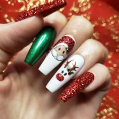 Christmas Nails Santa And Reindeer, Christmas Knomes Nail Art, Stiletto Nail Art Christmas, Black And White Christmas Nail Designs, Santa And Reindeer Nails, Over The Top Christmas Nails, Christmas Nail Art Designs Xmas Sparkle Red Glitter, Unique Christmas Nail Designs, Christmas Nail Art Designs 2022