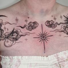 Whimsical Neck Tattoo, Whimsical Collar Bone Tattoo, Chest Tattoos Aesthetic, Celestial Chest Tattoo Female, Whimsical Shoulder Tattoo, Sun And Moon Chest Tattoo Female, Celestial Chest Tattoo, Underboob Tattoos For Women Unique, Astral Tattoos